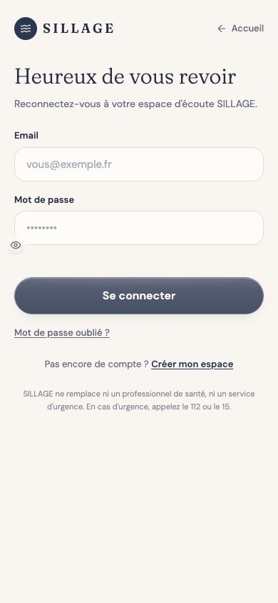 Écran réel de connexion à Sillage