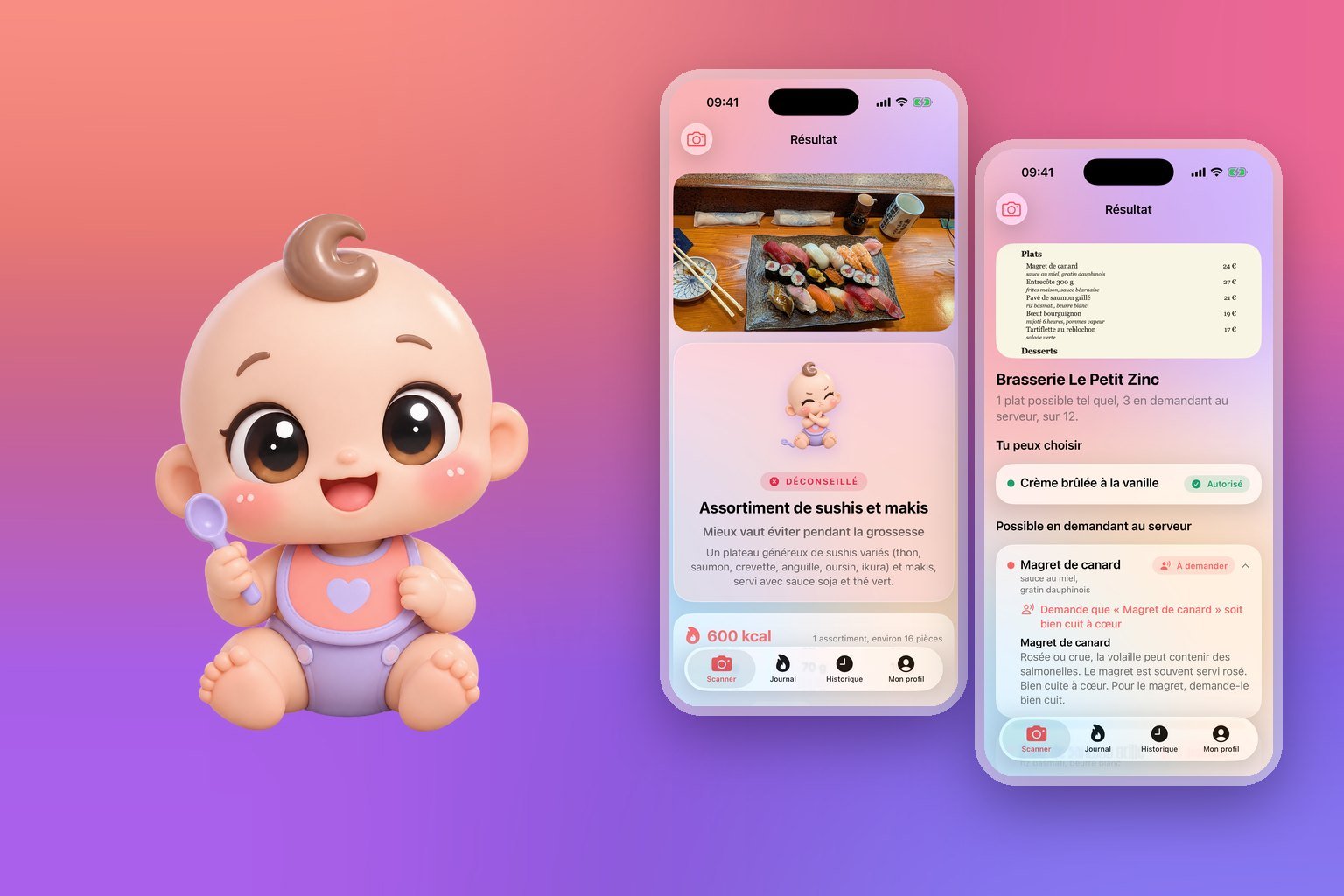 La mascotte Bébé Miam et deux écrans de l’application