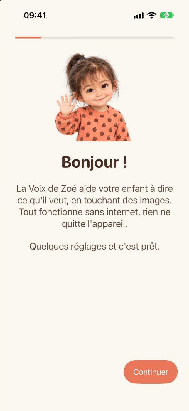 Premier écran de l’accueil : « Bonjour ! » et le bouton Continuer