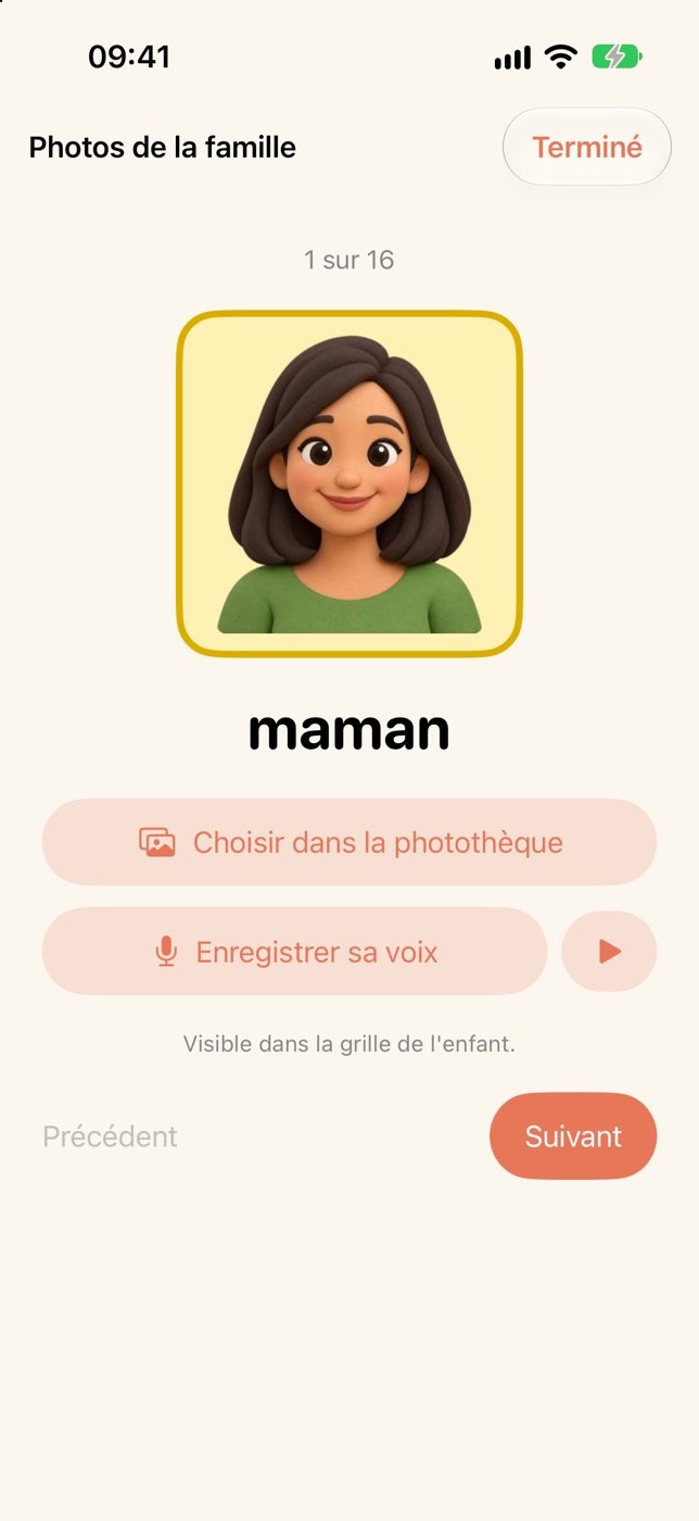 Écran Photos de la famille : une personne par écran, avec les boutons Choisir dans la photothèque et Enregistrer sa voix