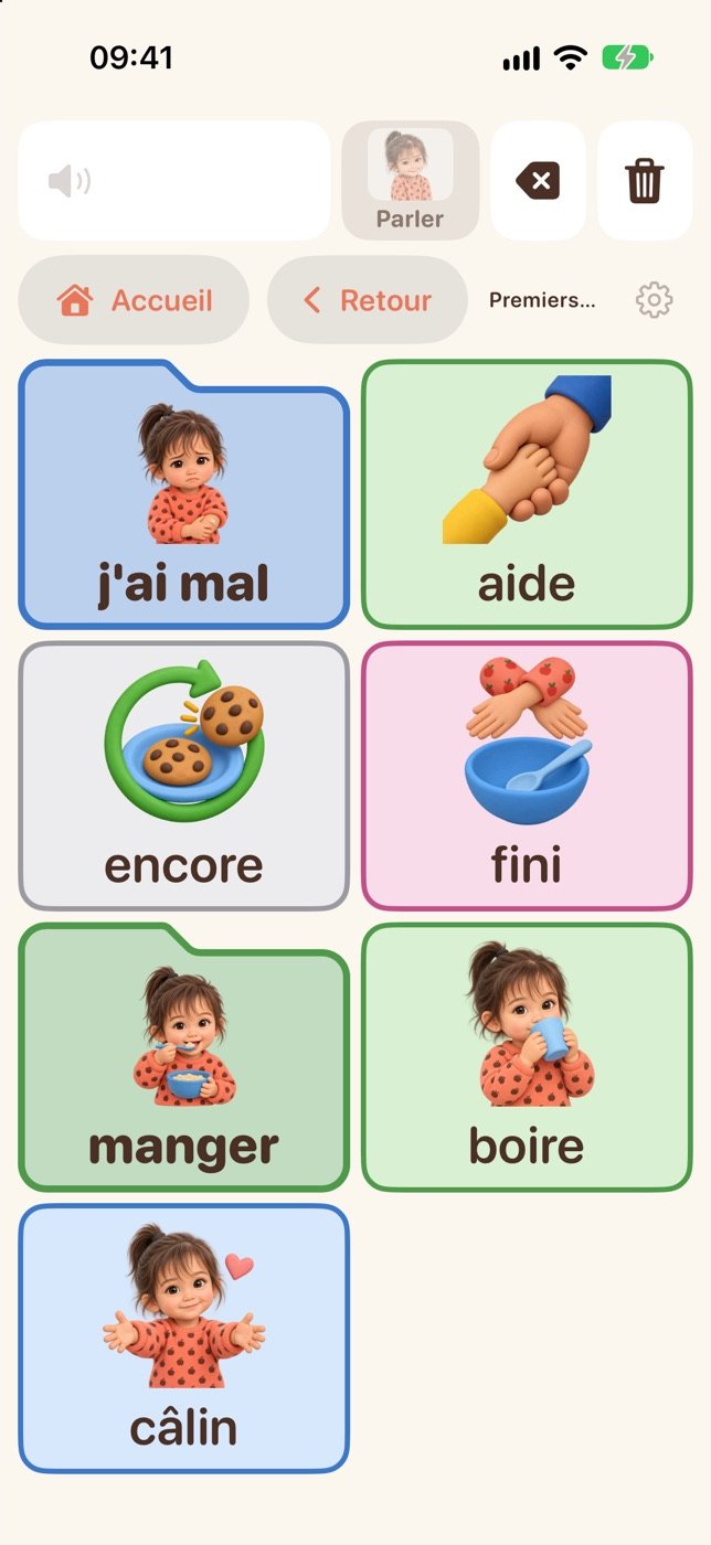 L’écran Premiers mots : huit grandes cases
